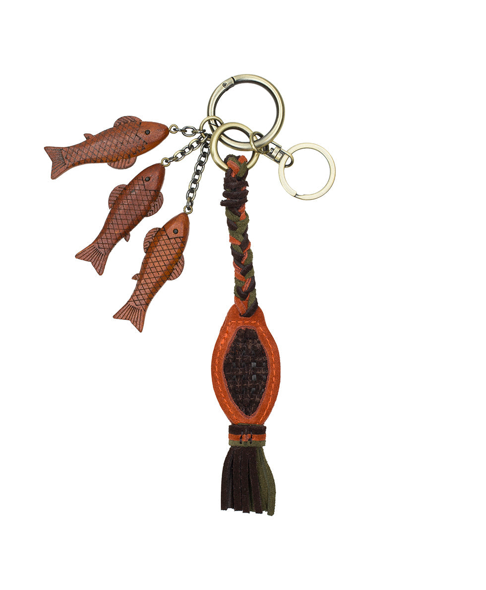 3 Wood Nordic Fish with Net Tassel | Bag Charms | Ochre, Chocolate, Olive