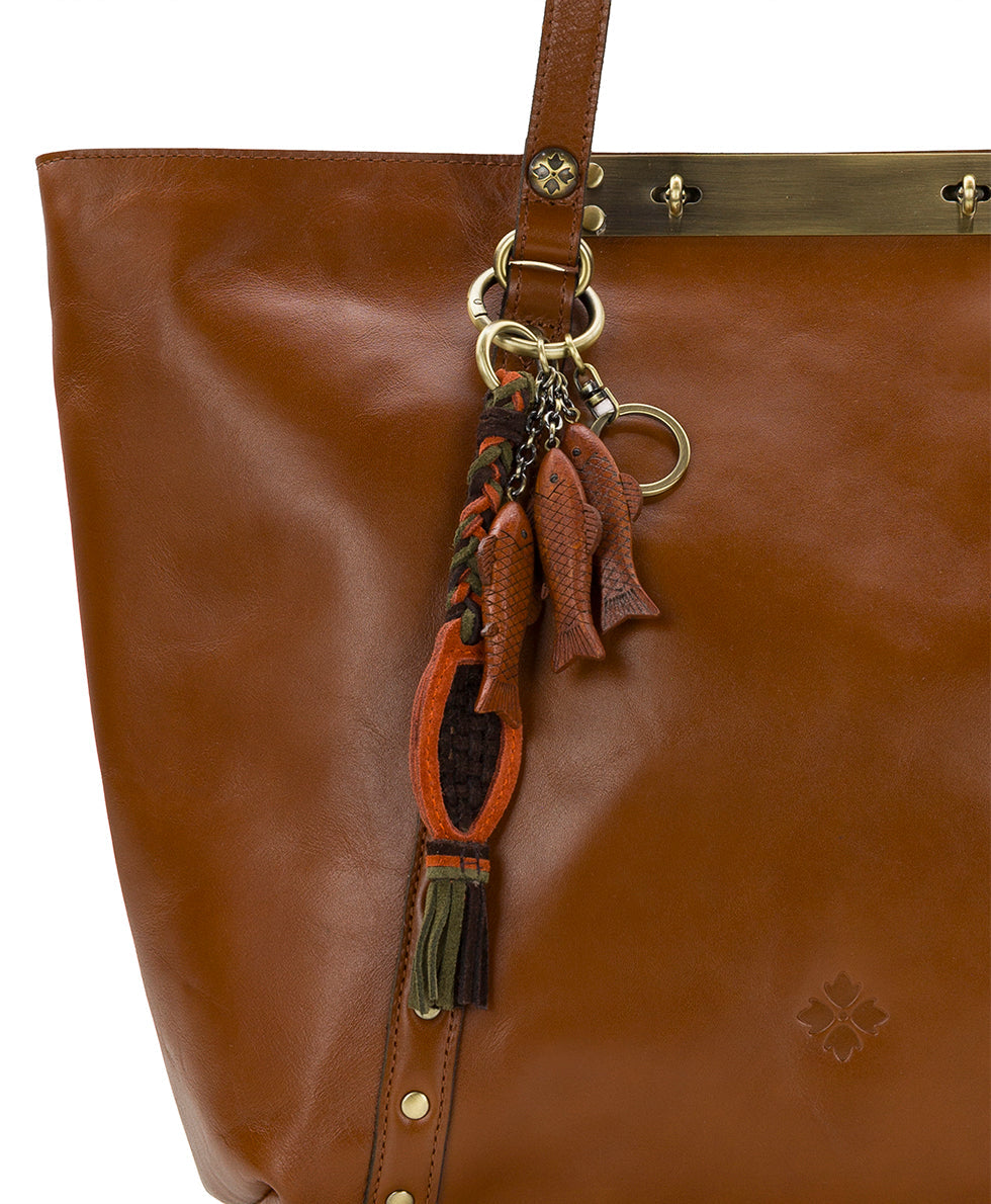 3 Wood Nordic Fish with Net Tassel | Bag Charms | Ochre, Chocolate, Olive